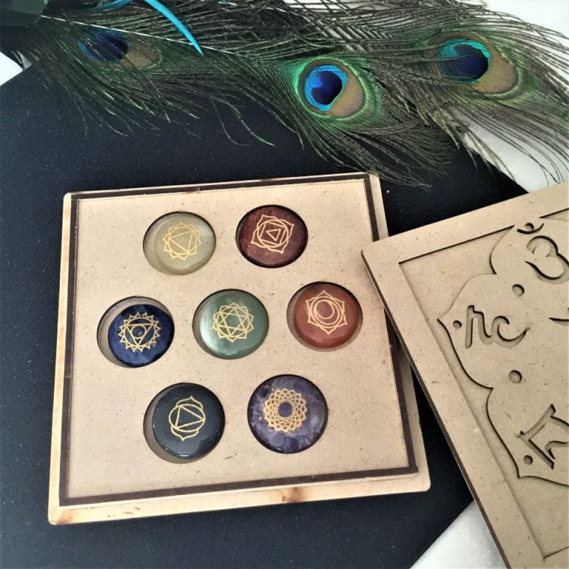 Sanskrit Symbols Top, Chakra Stones Super Set, Red Jasper, Carnelian, Yellow Aventurine, Green Aventurine, Sodalite, Iolite, Amethyst